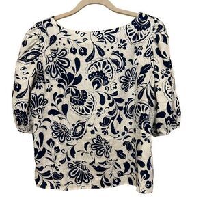 Ann Taylor Linen Blend Top Womens Medium Blue White Floral Print Puff Shoulder